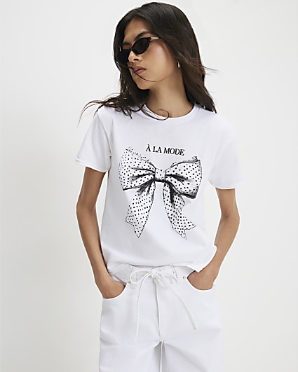 White Polka Dot Bow Fitted T-shirt