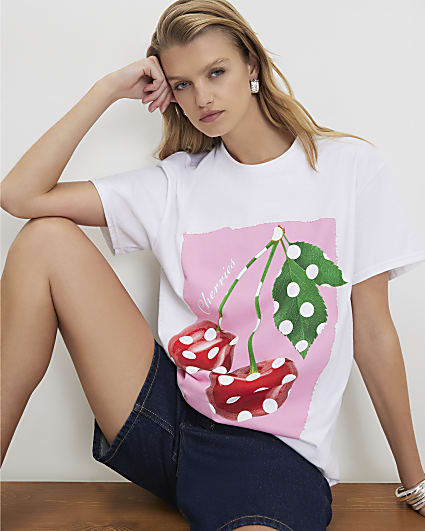 White Cotton Cherry Spot Boyfriend T-Shirt