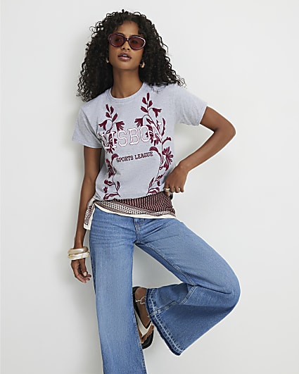 Grey Lisbon Floral Fitted T-Shirt