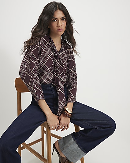 Purple Check Print Pussybow Blouse