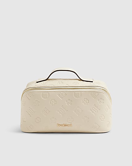 Cream Large Embossed Monogram Makeup Bag