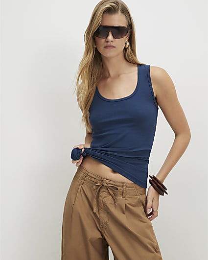 Blue Cotton Blend Scoop Neck Vest Top