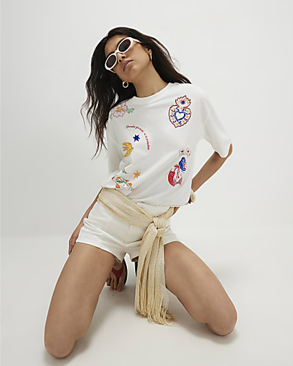 White Cotton Embellished Quirky Boxy T-shirt