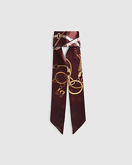 Red Monogram Chain Print Skinny Scarf