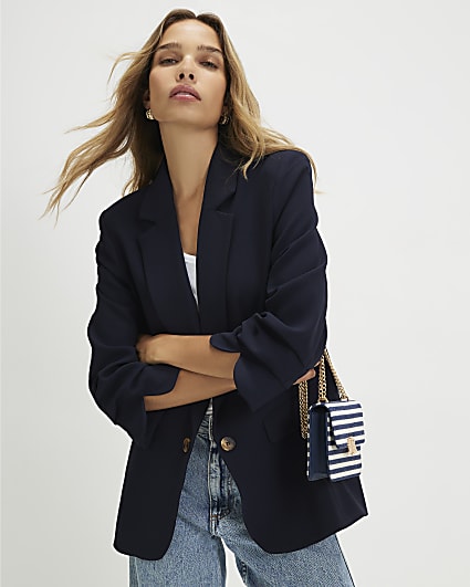 Navy Ruched Sleeve Blazer