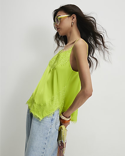 Green Satin Lace Trim Cami Top