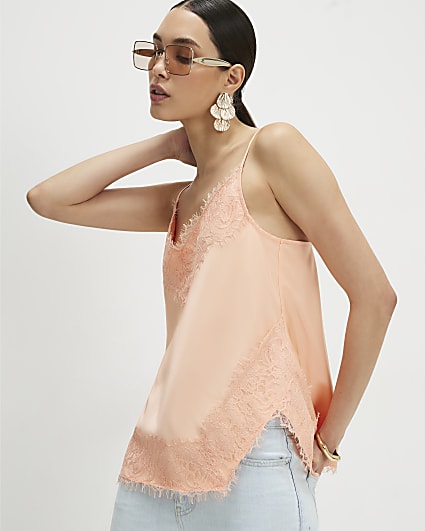Orange Satin Lace Trim Cami Top