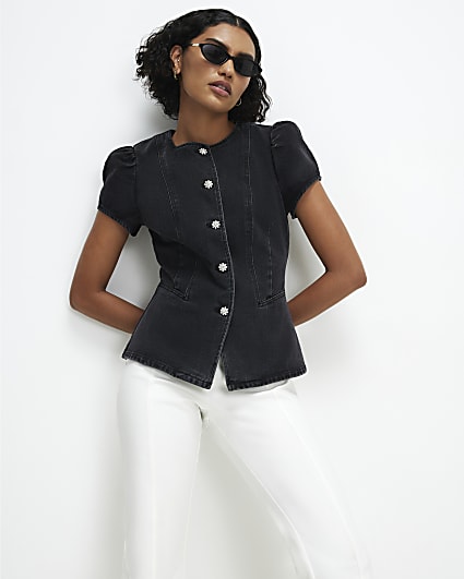 Black Denim Peplum Button Fasten Top