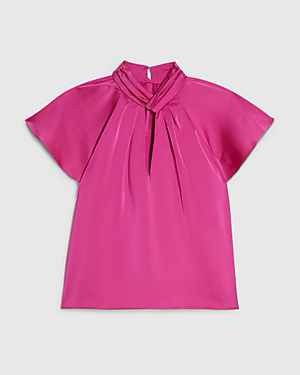 Petite Pink Angel Sleeve Twist Front Blouse