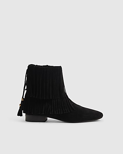 Black Suede Tassel Block Heel Boots