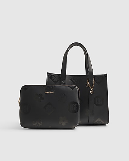 Black Logo Embossed Large Tote Bag Set