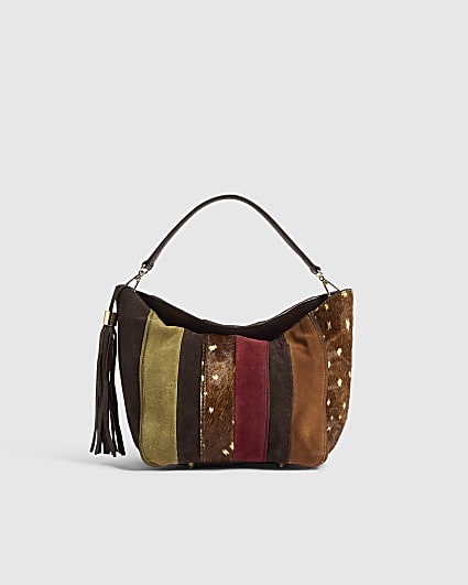 Brown Leather Patchwork Bucket Bag