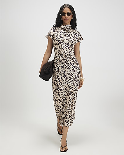 Beige Satin Leopard Print Maxi Dress