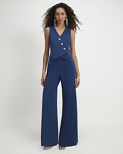 Blue Embellished Button Waistcoat Jumpsuit