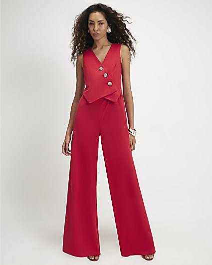 Red Embellished Button Waistcoat Jumpsuit
