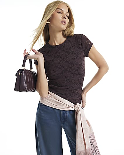Brown Lace Fitted T-Shirt
