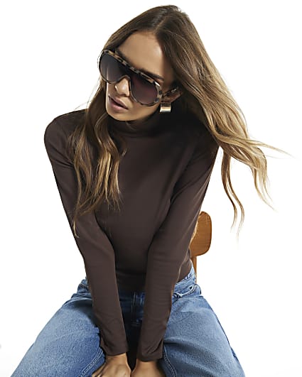 Brown Funnel Neck Top