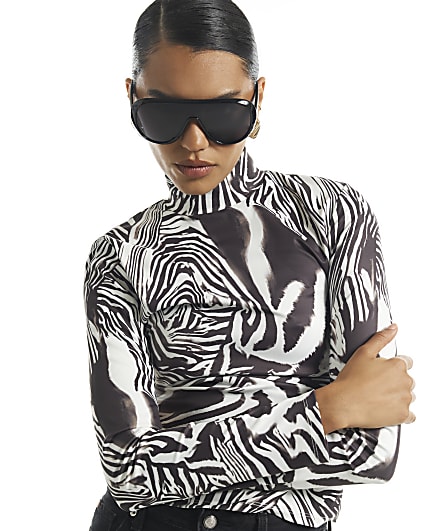 White Zebra Print Funnel Neck Top