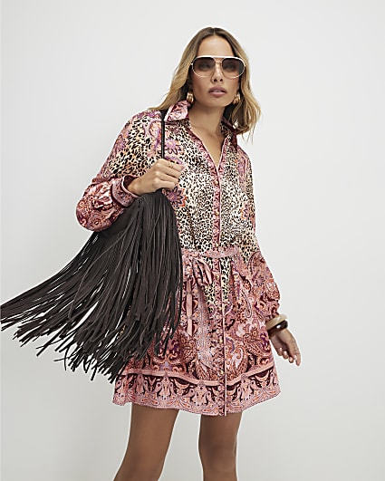 Brown Cotton Leopard Print Shirt Dress
