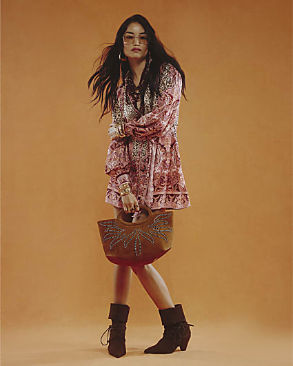 Brown Leopard Paisley Print Shirt Dress