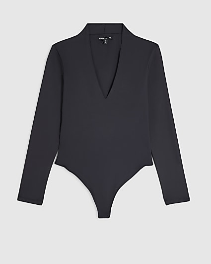 Petite Black Long Sleeve Plunge Neck Bodysuit