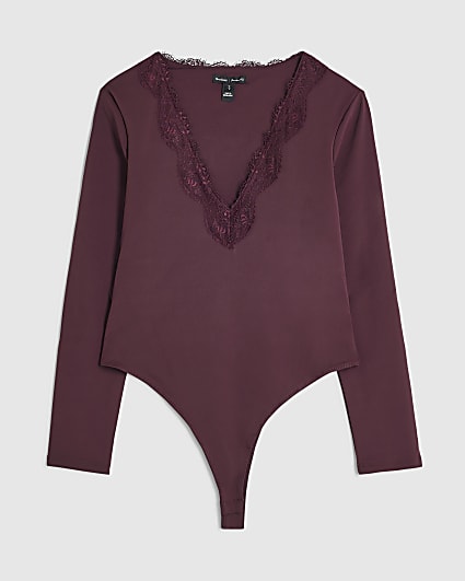 Petite Burgundy Lace Trim Plunge Bodysuit