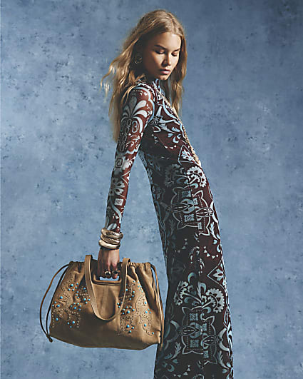 Beige Suede Cinch Gem Scrunch Tote Bag