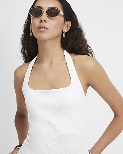 Cream Embroidered Floral Halter Neck Top