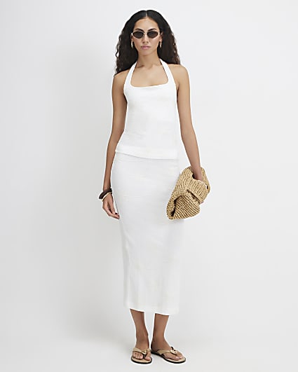 Cream Embroidered Floral Maxi Skirt
