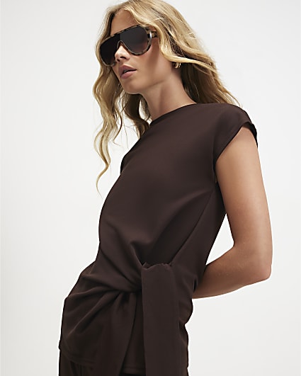Brown Sleeveless Tie Side Top