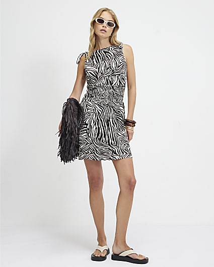 Beige Zebra Print Textured Shirred Mini Dress