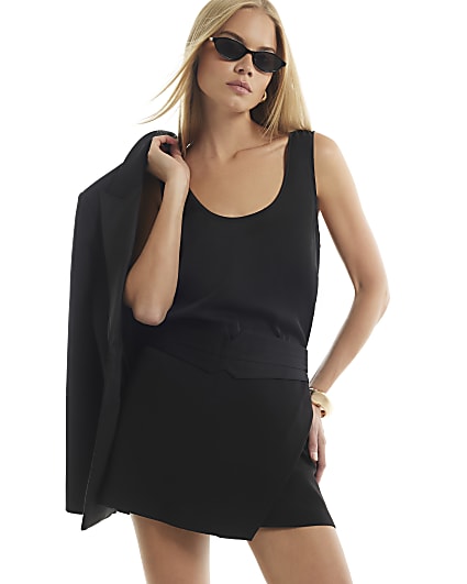 Black Tux Detail Wrap Front Skort