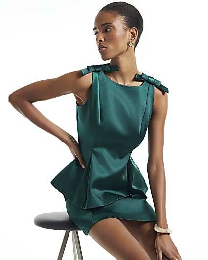 Green Satin Boat Neck Bow Top