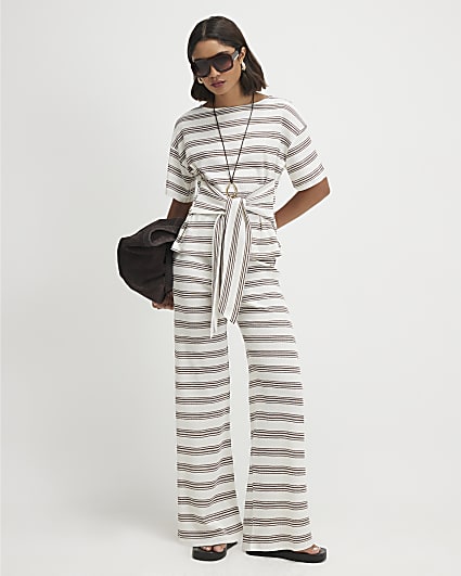 Cream Stripe Wide Leg Trousers