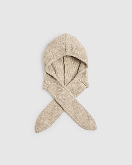 Beige Hooded Triangle Knitted Scarf