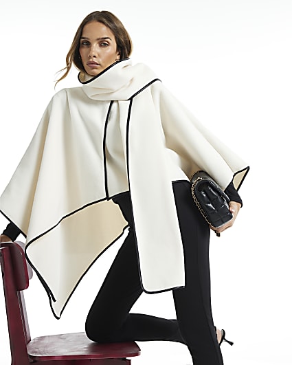 Cream Faux Leather Trim Scarf Cape