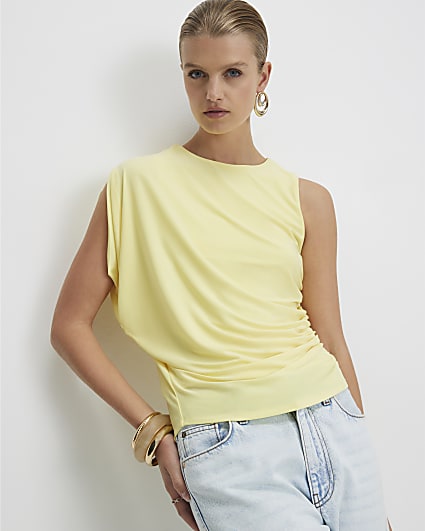 Yellow Asymmetric Drape Ruched Top