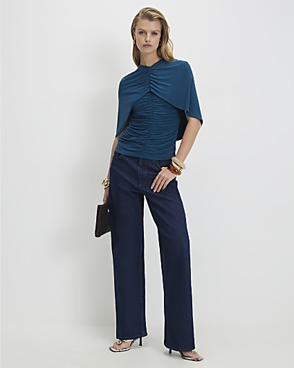 Blue Ruched Cape Front Top