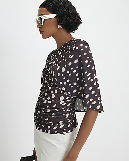 Brown Spot Ruched Cape Top