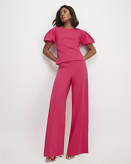 Pink Pintuck Front Wide Leg Trousers