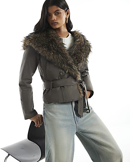 Khaki Fur Shawl Hood Belted Jacket