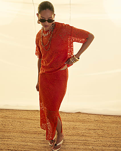 Orange Cotton Blend Lace Midi Skirt