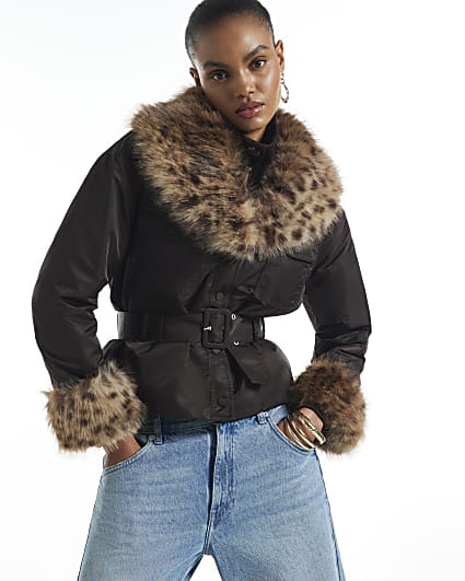 Brown Faux Fur Collar Belted Jacket