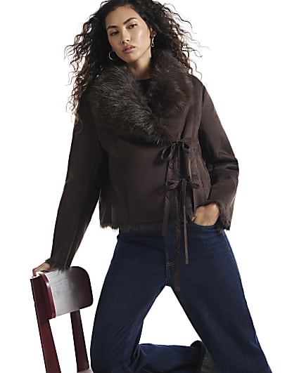 Brown Faux Suede Shearling Tie Jacket