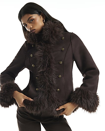 Brown Faux Suede Military Butto Jacket