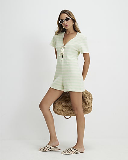 Green Towelling Stripe Short Sleeve Playsuit