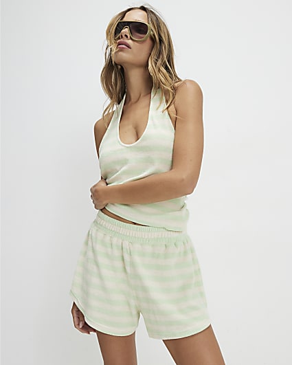 Green Towelling Striped Shorts