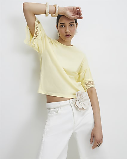 Yellow Cotton Crochet Trim T-Shirt