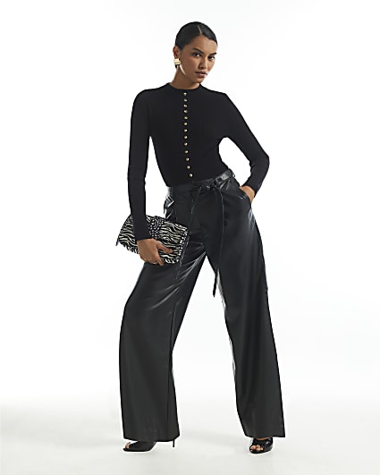 Black Faux Leather Belted Wide Leg Trousers