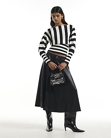 Black Faux Leather A Line Midi Skirt